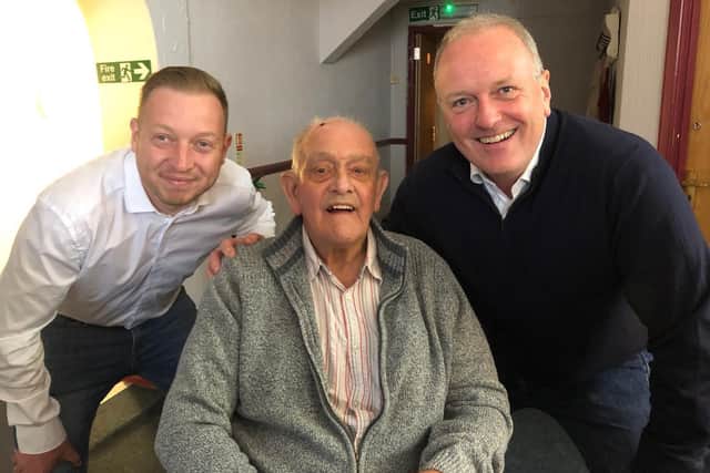 Bill Farnfield, ex-Hastings United keeper, pictured with Billy Wood and Peter Sherlock