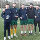 From left: Horsham heroes Doug Tuck, Jack Brivio, Charlie Hester-Cook, Shamir Fenelon, Tom Richards, Harvey Sparks, and Tom Kavanagh were honoured for their long service before Saturday's Isthmian Premier win over Potters Bar Town. Picture by John Lines