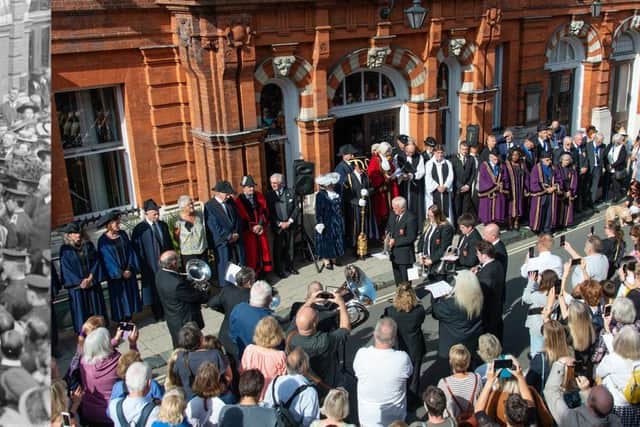 The photo shows last Sunday’s (September 11) proclamation made by the mayor for Lewes outside the Town Hall, alongside a similar image from when Edward VIII became king more than 100 years ago.