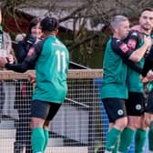 Burgess Hill Town celebrate the opener against East Grinstead | Picture: Chris Neal