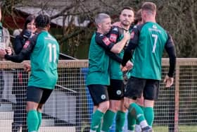 Burgess Hill Town celebrate the opener against East Grinstead | Picture: Chris Neal
