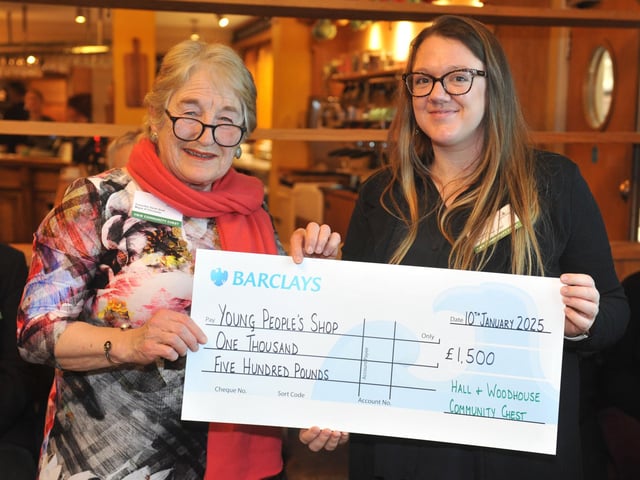 Chichester mayor Sarah Quail with judge Bex Bastable, accepting £1,500 on behalf of Young People’s Shop for immediate drop-in emotional support sessions