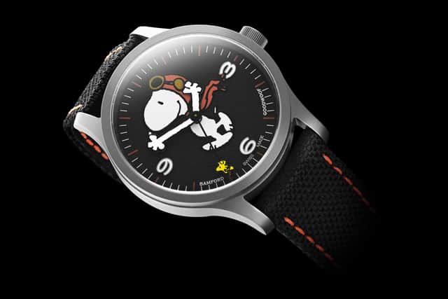 Designed by the visionary watchmaker Bamford London, the highly collectable Bamford 80 watch features Snoopy front and centre, depicted as his persona the Flying Ace to reflect Goodwood’s aviation heritage (Photo: PNTS)