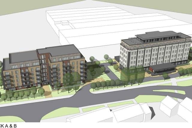Birds' eye view of proposed new block of flats and converted Columbia House