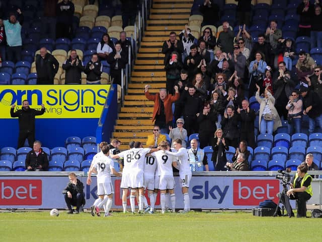 Crawley Town celebrate Kellan's Gordon opener at Mansfield Town. Photo credit Chris & Jeanette Holloway / The Bigger Picture.media