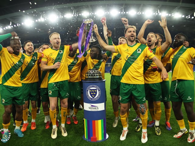 James Hammond’s majestic 95th minute free-kick clinched Horsham FC’s first league and Sussex Senior Cup double in the club’s history.