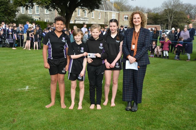 The winning year-six team, Isaac, Rufus, Freddie and Hattie from Rodney House, with principal Mrs Sarah Bakhtiari