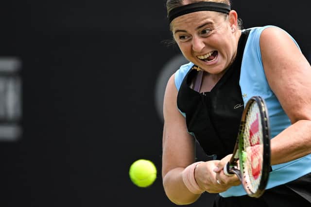 Latvia's Jelena Ostapenko returns to Czech Republic's Barbora Strycova during their women's singles round of 32 tennis match at the Rothesay Eastbourne International tennis tournament (Photo by Glyn KIRK / AFP) (Photo by GLYN KIRK/AFP via Getty Images)