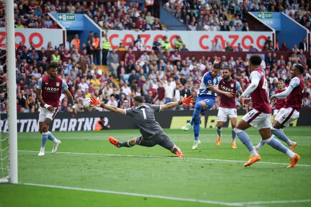 Deniz Undav of Brighton & Hove Albion scores the team's first goal during the Premier League match between Aston Villa and Brighton & Hove Albion at Villa Park on May 28, 2023 (Photo by Eddie Keogh/Getty Images)