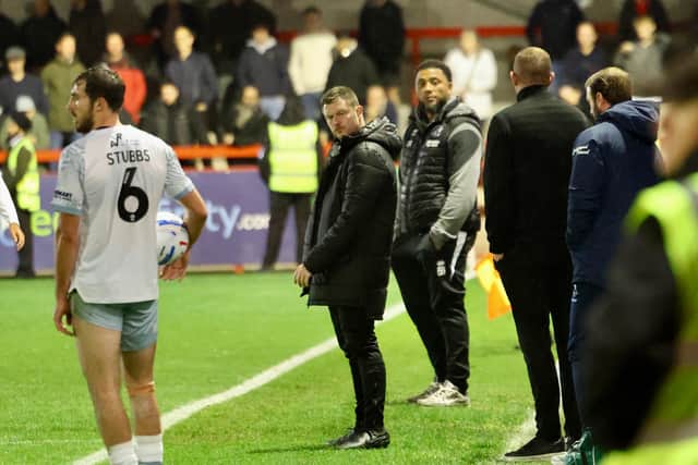 Crawley Town head coach Colin Kazim-Richards watches on during his side's 3-2 defeat to Shrewsbury Town at the Broadfield Stadium on Tuesday, October 20. Photo: Thomas Forbes