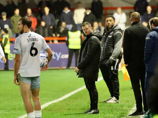 Crawley Town head coach Colin Kazim-Richards watches on during his side's 3-2 defeat to Shrewsbury Town at the Broadfield Stadium on Tuesday, October 20. Photo: Thomas Forbes