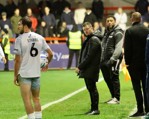 Crawley Town head coach Colin Kazim-Richards watches on during his side's 3-2 defeat to Shrewsbury Town at the Broadfield Stadium on Tuesday, October 20. Photo: Thomas Forbes