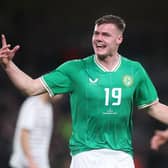 Brighton & Hove Albion wonderkid Evan Ferguson celebrates after scoring on his international debut during the international friendly match between Republic of Ireland and Latvia at Aviva Stadium. Picture by Oisin Keniry/Getty Images