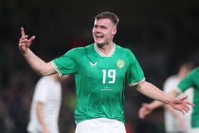 Brighton & Hove Albion wonderkid Evan Ferguson celebrates after scoring on his international debut during the international friendly match between Republic of Ireland and Latvia at Aviva Stadium. Picture by Oisin Keniry/Getty Images