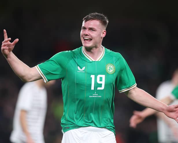 Brighton & Hove Albion wonderkid Evan Ferguson celebrates after scoring on his international debut during the international friendly match between Republic of Ireland and Latvia at Aviva Stadium. Picture by Oisin Keniry/Getty Images