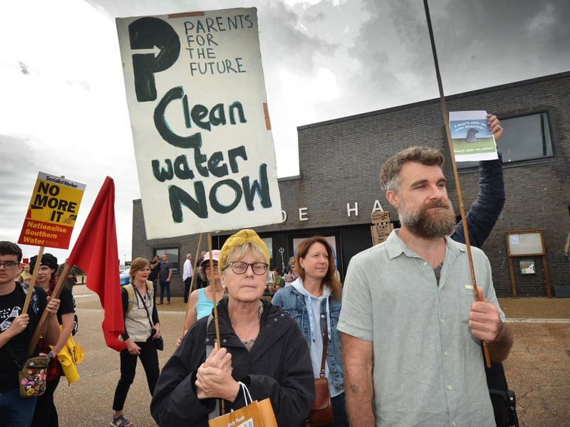 Protest outside Southern Water's Your Water Matters event in Hastings Old Town on October 12 2023.