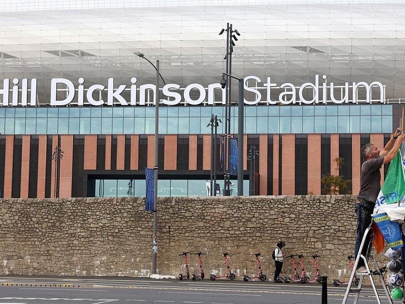 A general view shows the Hill Dickinson Stadium, ahead of the English Premier League football match between Everton and Brighton and Hove Albion