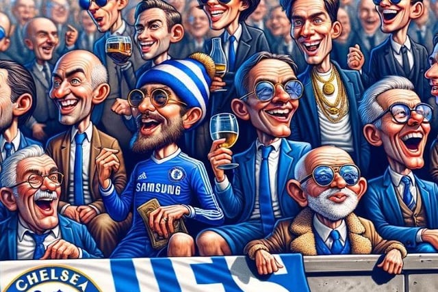 The fans, in Chelsea's blue, are shown with exaggerated expressions of confidence and success, celebrating in a stadium and flaunting luxury items, which aims to capture the affluence and high expectations characteristic of the club's supporters.