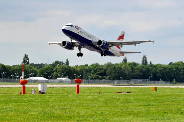 A British Airways flight takes off from London Gatwick airport. Pic S Robards SR2108251