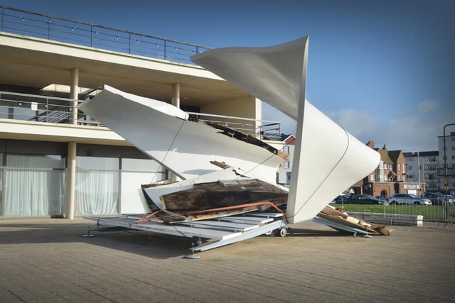 Damage to the bandstand at the De La Warr Pavilion in Bexhill due to Storm Eunice.