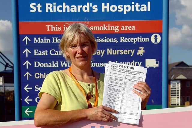 Dr Marjory Greig with petition signatures in September 2006 in the fight to save St Richard's Hospital. Picture: Jonathan Brady