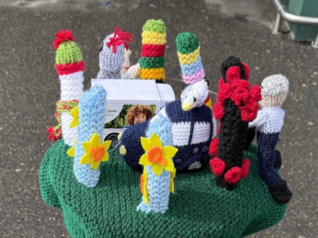 Miniature versions of the bollard covers the Woolly Wednesday group have made in the past