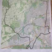 Ancient Ifield Parish Map 2025 (boundary in black) - with Ifield Brook Meadows and Ifield Golf Club across the middle (in green)
