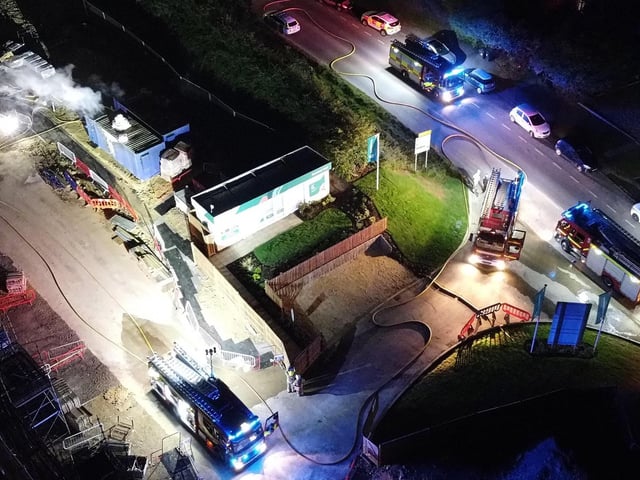 DCIM\100MEDIA\DJI_0443.JPG : Multiple fire crews were called to Stone Cross, after shipping containers at a building site caught fire in the early hours of this morning (Saturday, August 17).