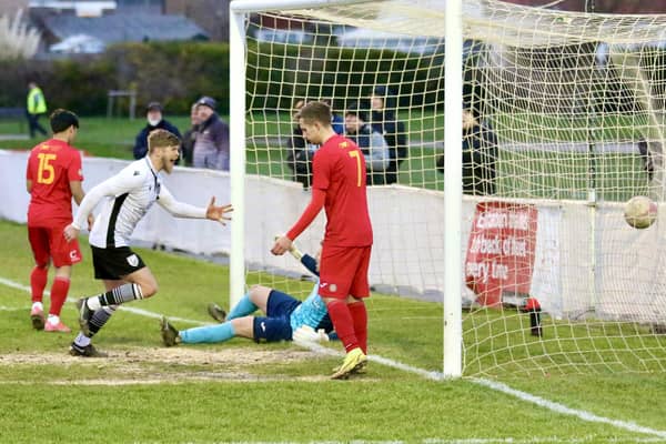 Bexhill's second goal goes in to clinch a fine 2-0 win over Newhaven | Picture: Joe Knight