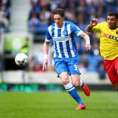 BRIGHTON, ENGLAND - APRIL 25:  Greg Halford of Brighton and Troy Deeney of Watford tackle for the ball during the Sky Bet Championship match between Brighton & Hove Albion and Watford at Amex Stadium on April 25, 2015 in Brighton, England.  (Photo by Jordan Mansfield/Getty Images)