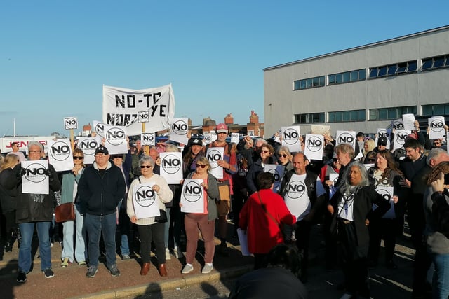 Protestors outside the De La Warr Pavilion on Thursday, May 11, 2023 demonstrating against the Northeye plans. Picture by Fi Douglas