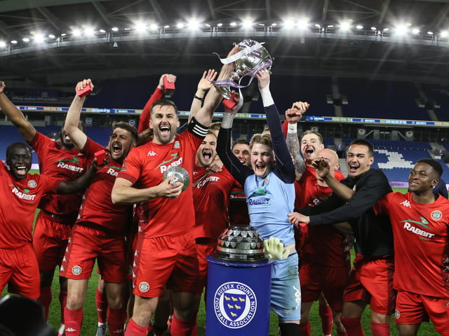 Action and celebrations as Worthing take on Bognor Regis Town in the Sussex Senior Cup final at the Amex Stadium - and win 8-7 on penalties