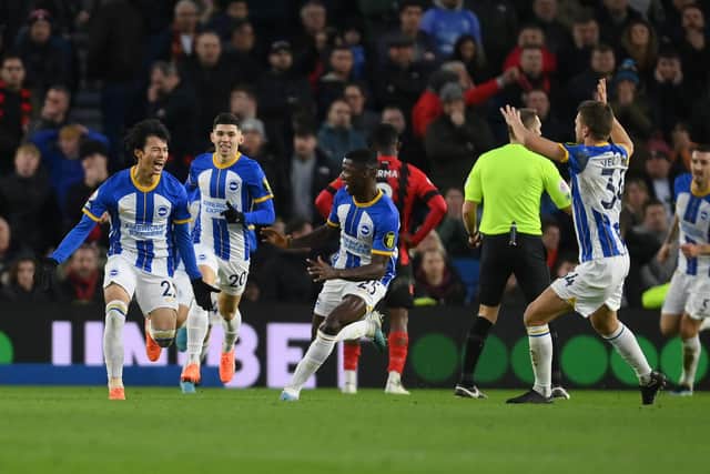 Kaoru Mitoma celebrates with team-mates (L-R) Julio Enciso, Moises Caicedo and Joel Veltman after scoring Brighton & Hove Albion's winner in the 1-0 victory over AFC Bournemouth on February 4. Picture by Mike Hewitt/Getty Images