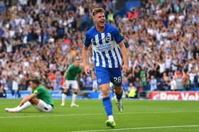 Evan Ferguson of Brighton & Hove Albion celebrates after scoring the team's first goal against Newcastle