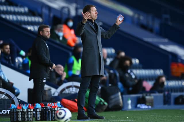 Graham Potter, manager of Brighton and Hove Albion reacts during the Premier League match between West Bromwich Albion and Brighton & Hove Albion at The Hawthorns on February 27, 2021.
