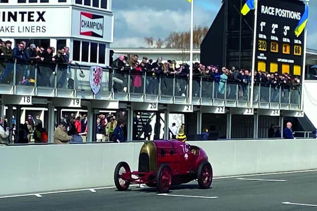 The 1910 Fiat S76 Beast of Turin on the track at the 80th Goodwood Members’ Meeting