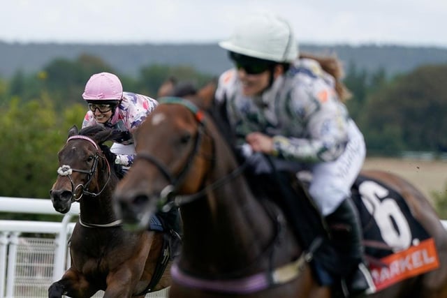 CHICHESTER, ENGLAND - AUGUST 04: Roya Nikkhah riding Terracotta Warrior (L) during The Markel Magnolia Cup at Goodwood Racecourse on August 04, 2023 in Chichester, England. (Photo by Alan Crowhurst/Getty Images):Action from Friday's racing at Glorious Goodwood 2023