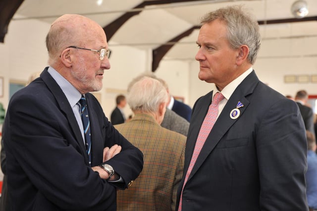 Peter Goldsworthy, who instigated the plan to save Findon Village Store, chatting with Hugh Bonneville, West Sussex Deputy Lieutenant