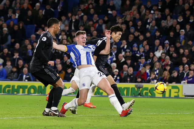 Teenager Evan Ferguson scored his first league goal for Brighton after showing great strength to fend off William Saliba and Aaron Ramsdale.  (Photo by Steve Bardens/Getty Images)