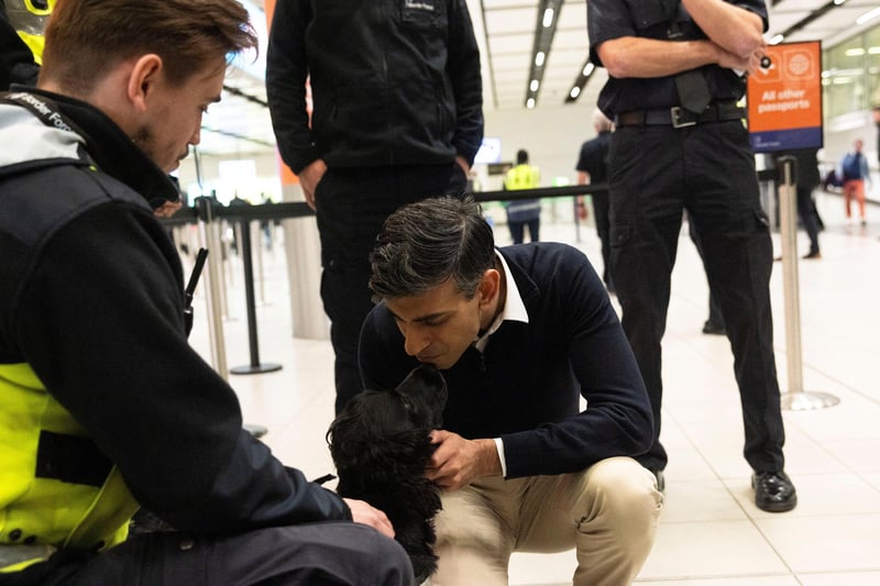 Rishi Sunak meets with the Border Force officers on a tour with Director General of Border Force at the Home Office, Phil Douglas at Gatwick Airport. (Photo by Carlos Jasso - WPA Pool/Getty Images)