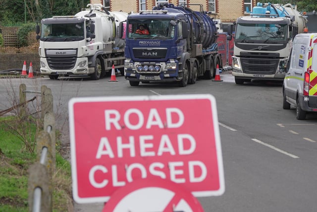 Road closures are in place in Southwick, with Southern Water's bringing in tankers and putting down pumps, cones and fencing