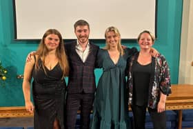 Sussex Young Musicians of the Year finalists from left: Kitty Casey, James Edgeler and Eliette Harris with one of the choir members