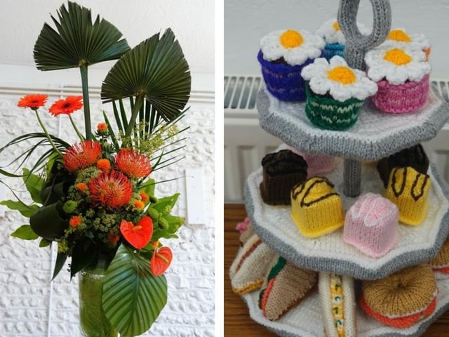 Floral art on the theme vibrance and a knitted afternoon tea