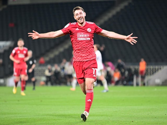 GOAL Crawley Town midfielder Jack Roles (11) scores a goal and celebrates 1-4 during the EFL Sky Bet League 2 play-off second leg match between Milton Keynes Dons and Crawley Town at stadium:mk, Milton Keynes, England on 11 May 2024.:Crawley Town hammered MK Dons 5-1 - and 8-1 on aggregate - to reach the League Two play-off final Wembley. Photographer Dennis Goodwin/Pro Sport Images was there to catch the action, the crowd and the celebrations