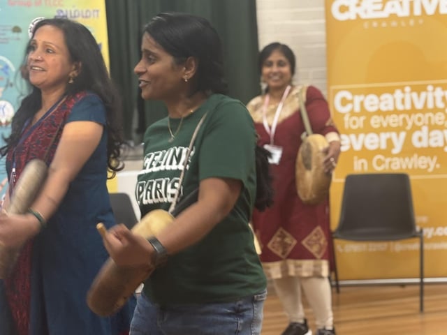 Children and adults came together in Crawley to discover the powerful rhythms of Parai, a traditional Tamil drumming art form, at a community workshop organised by Aurvi Collective