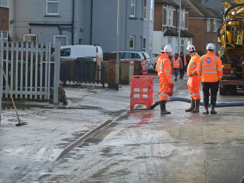 A major sewage leak closed off Bulverhythe Road in St Leonards on February 3 2023.