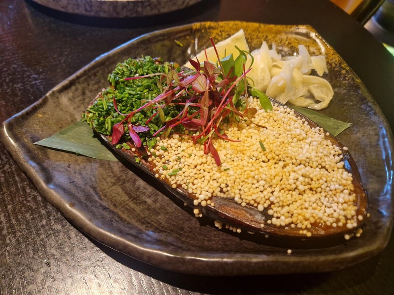 Roasted Aubegine and Miso and Masago arare at Ivy Asia