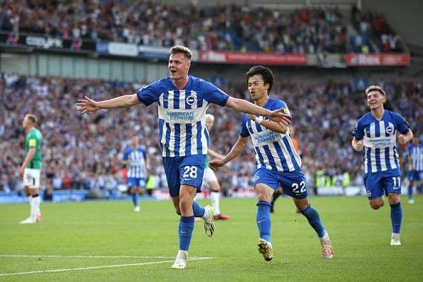 Evan Ferguson of Brighton & Hove Albion celebrates after scoring his and the team's third goal during the Premier League match against Newcastle United