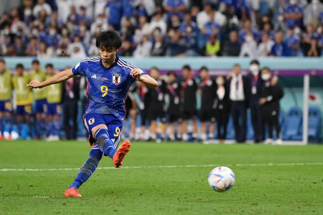 Kaoru Mitoma misses Japan's second penalty in the shootout during the FIFA World Cup Qatar 2022 round of 16 match against Croatia. Picture by Dan Mullan/Getty Images