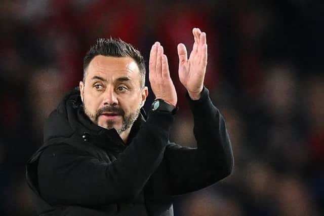Brighton's Italian head coach Roberto De Zerbi  applauds at the end of frustrating stalemate against Nottingham Forest